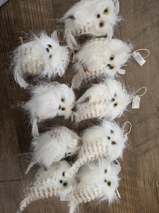 Cracker Barrel Other - Cracker Barrel White and Brown Feather Owl Ornaments - Set of 12 Plush Birds